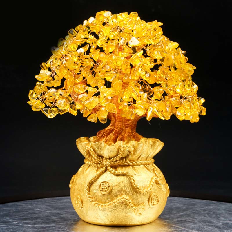 AngelSeer Natural Citrine Money Tree Gemstone Ornament - Feng Shui for Prosperity